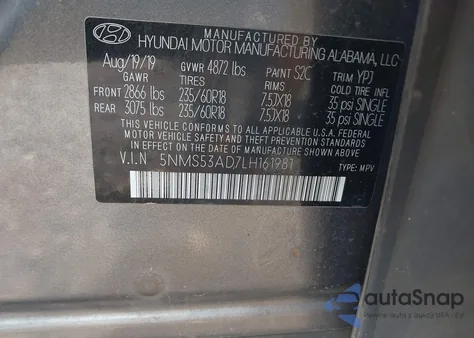 2020 Hyundai Santa Fe Limited z USA, uszkodzony, nr VIN 5NMS53AD7LH161981